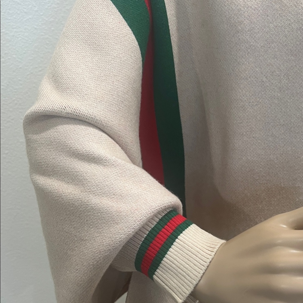 Beige Fringe Fall Wrap Jacket w / Sleeves  - Red/Green Striped - Picture 5 of 5
